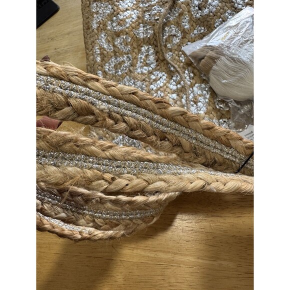 NWT America & Beyond Silver Leopard Print Jute Tote w/Tassels Vacation Resort - Picture 8 of 15